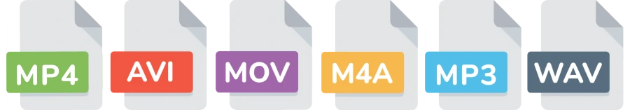 File formats icons of MP4, AVI, MOV, M4A, MP3, WAV